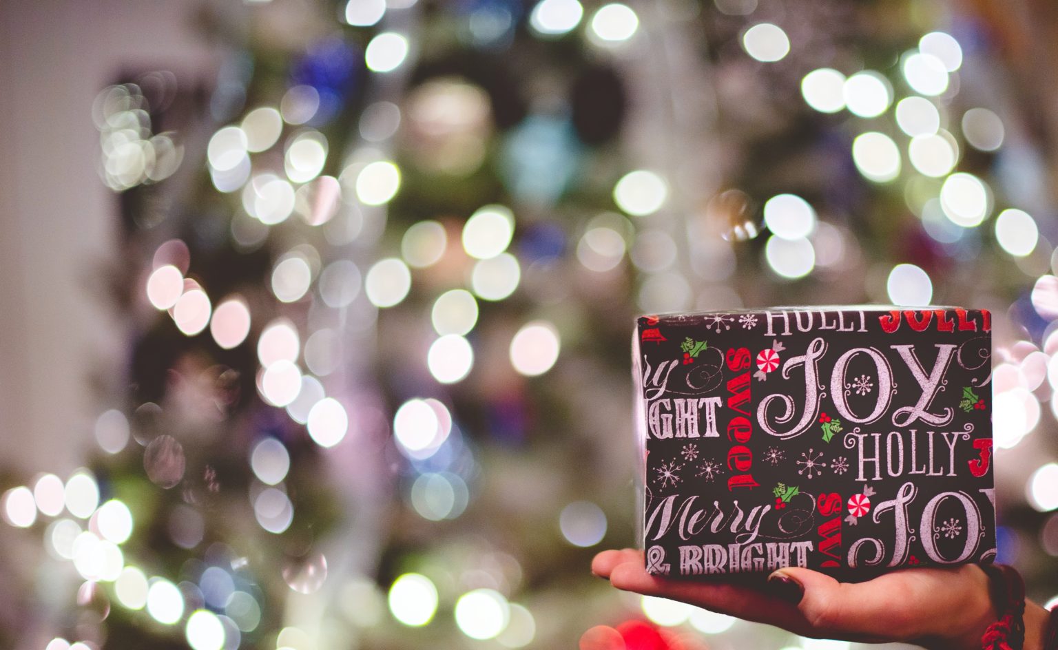 person holding holiday wrapped present