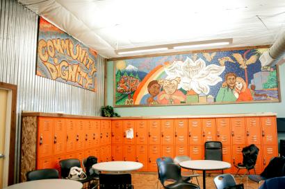 Orange lockers on the inside of a nonprofit join in portland, oregon