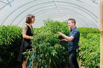 Man and woman stand in greenhouse