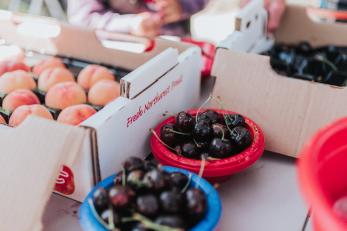 Varieties of fresh fruit on display on a table.